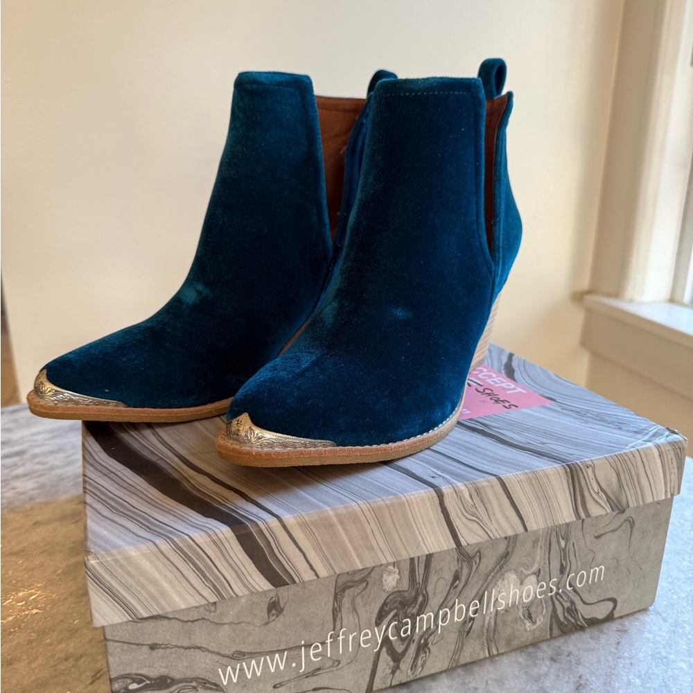 Jeffrey Campbell Turquoise Velvet “Cromwell” Boots